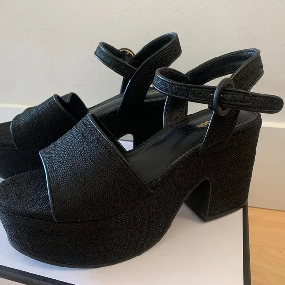 LARROUDE - LIKE NEW Miso Platform Strap Sandal in black raffia - size 8 - Picture 2 of 9